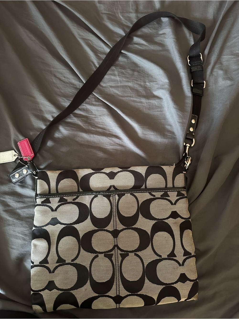 Coach Black and Gray Signature Crossbody Bag with Pink Tag